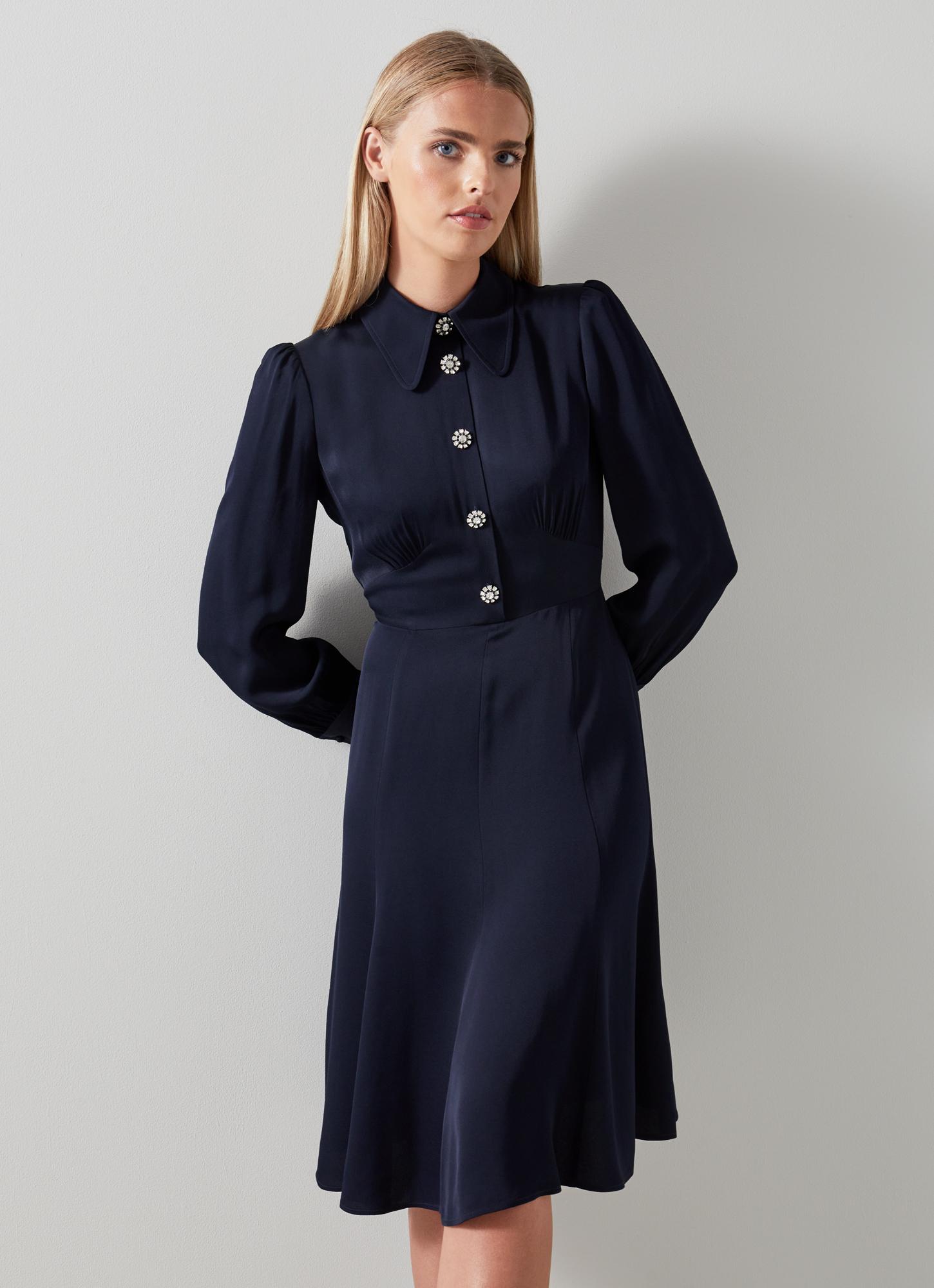 L.K.Bennett - Mira Navy Crepe Long Sleeve Tea Dress, Navy | Modvisor