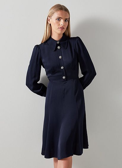Mira Navy Crepe Long Sleeve Tea Dress Navy Blue, Navy Blue