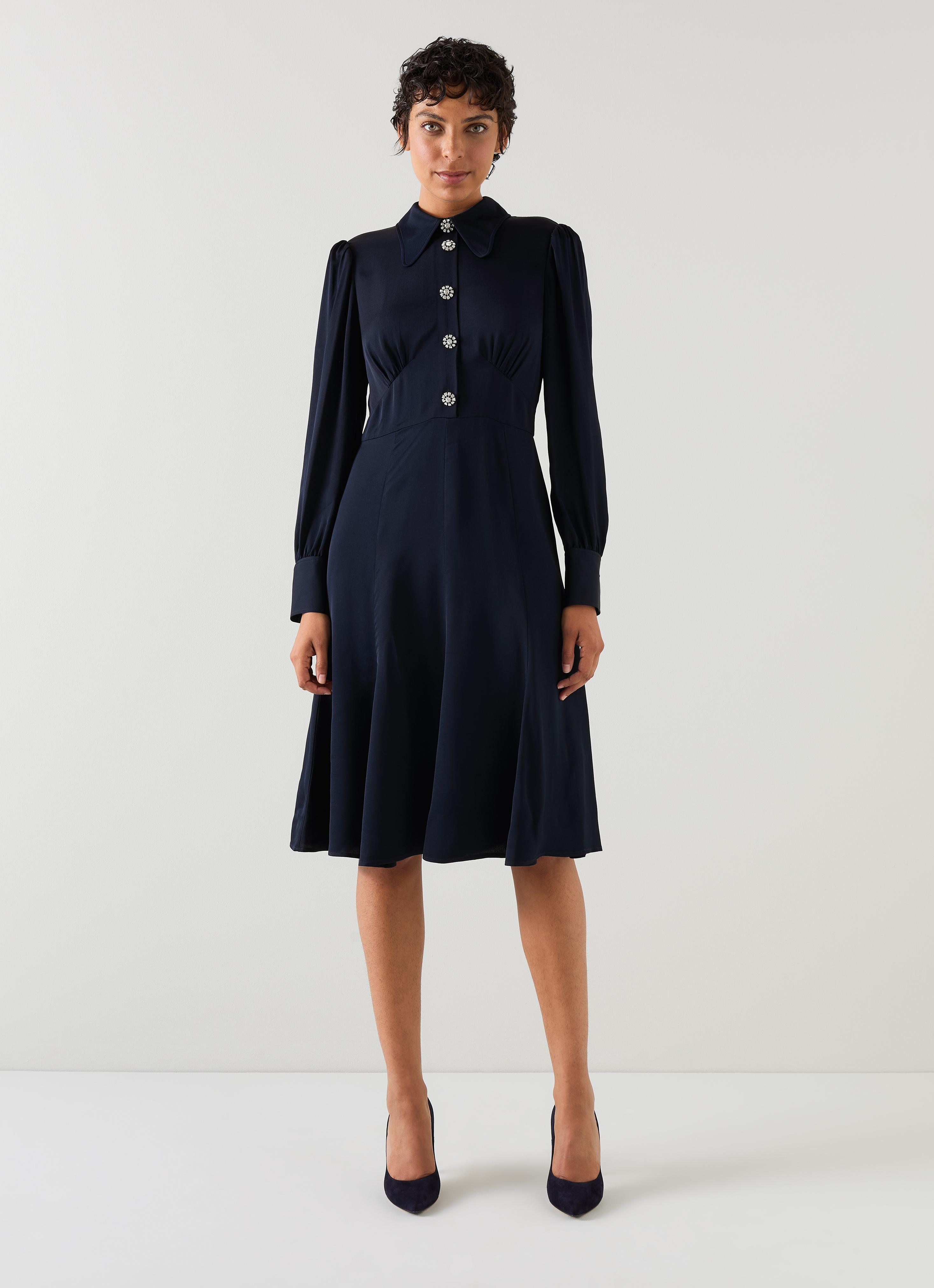 L.K.Bennett Mira Navy Crepe Long Sleeve Tea Dress, Navy Blue