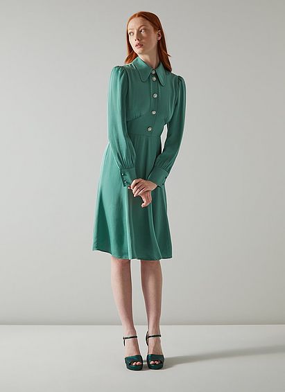 Mira Green Crepe Long Sleeve Tea Dress Frosty Spruce, Frosty Spruce