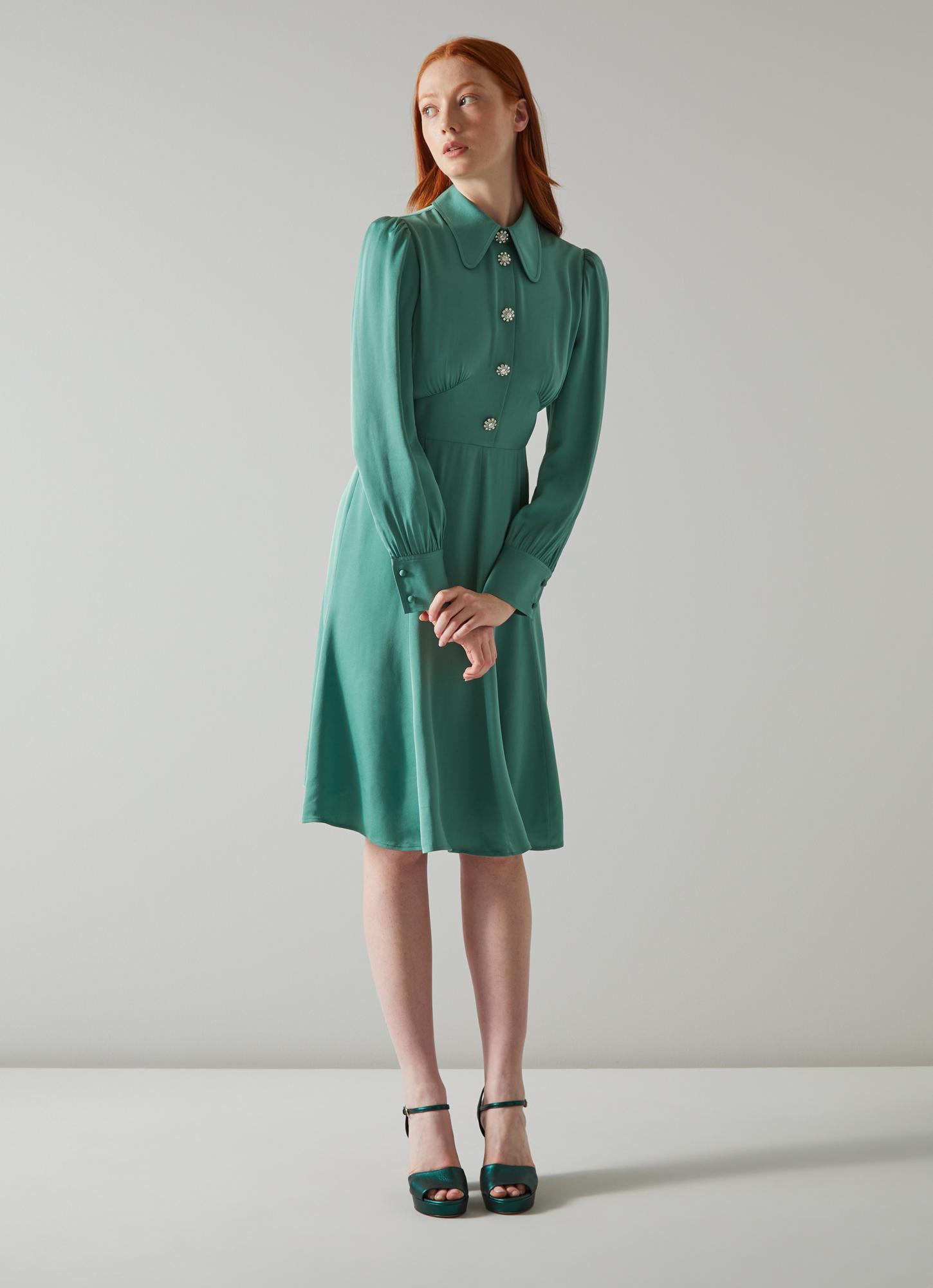 L.K.Bennett Mira Green Crepe Long Sleeve Tea Dress, Frosty Spruce