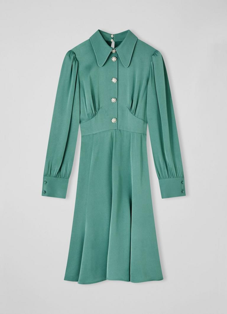 LKBennett ミラ クレープ ロングスリーブ ティードレス Mira Green Crepe Long Sleeve Tea Dress | The Archive Sale