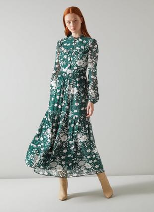 Patti Green and Cream Whimsical Floral Print Tiered Midi Dress