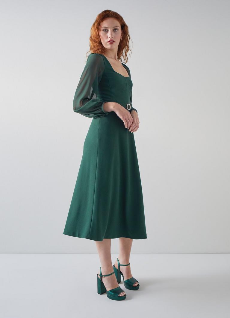 Perdy Green Crepe Sheer Sleeve Dress