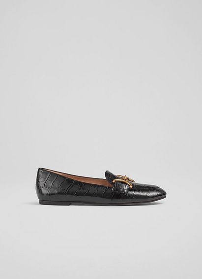 Daphne Black Croc-Effect Leather Loafers, Black