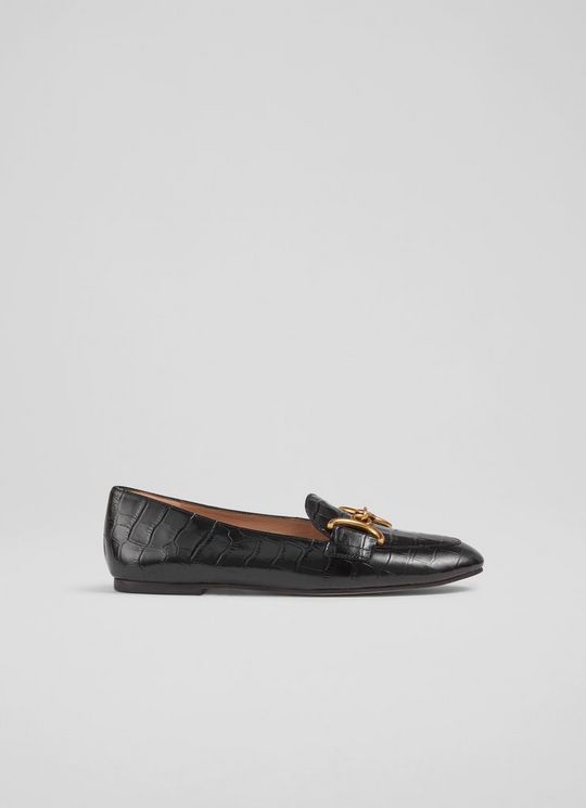 L.K.Bennett Daphne Black Croc-Effect Leather Loafers, Black