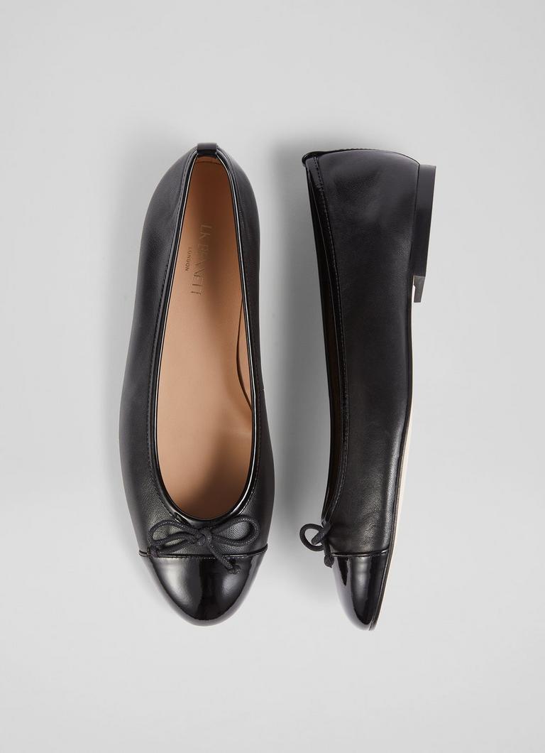 Kara Black Leather and Patent Toe Cap Ballet Flats