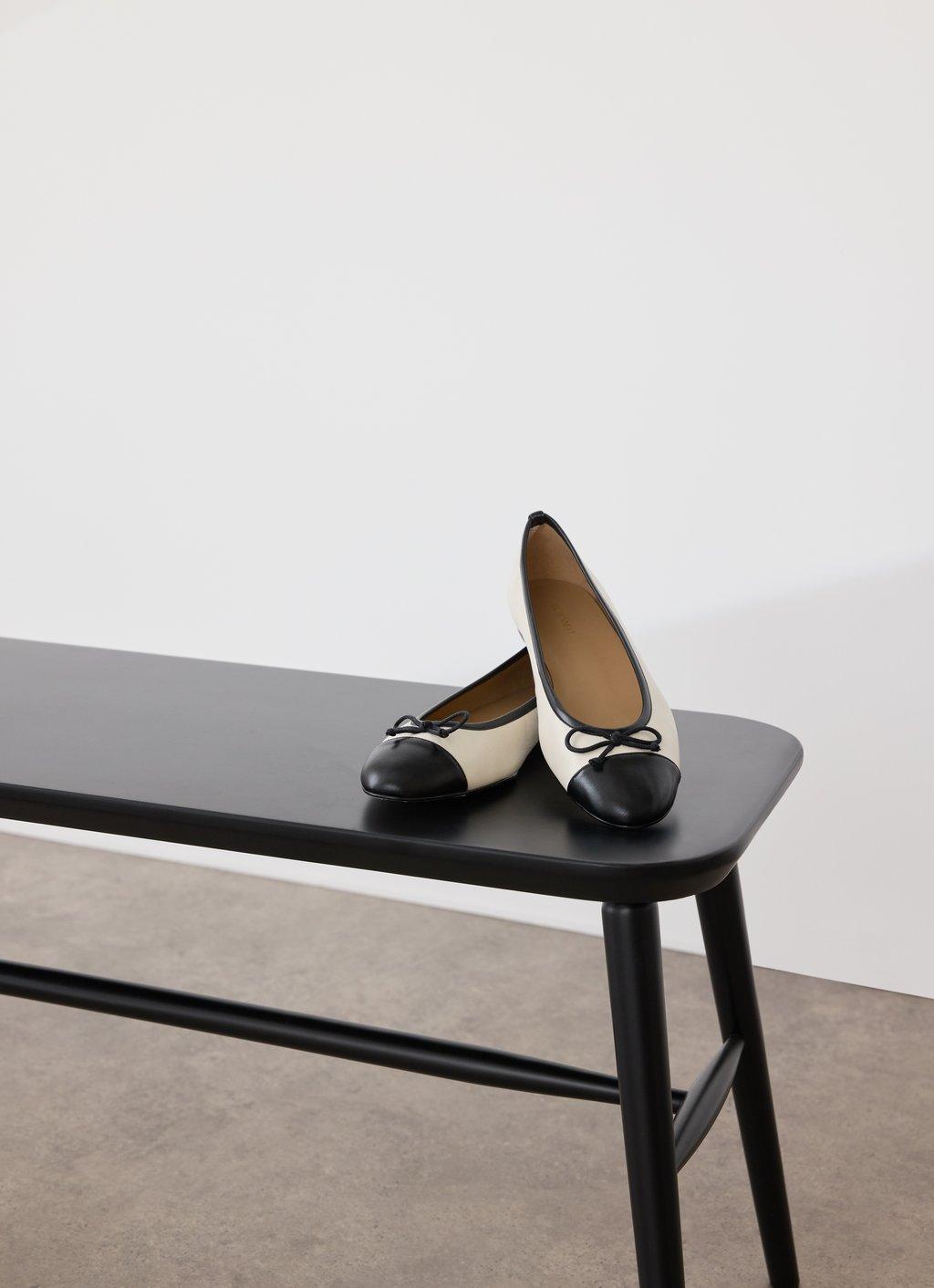 Kara White And Black Leather Toe Cap Ballet Flats Shoes