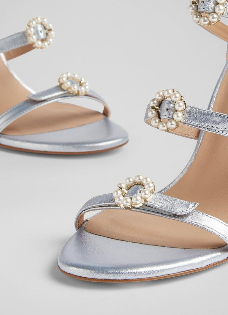 Harper Ice Blue Metallic Leather Pearl Buckle Sandals The