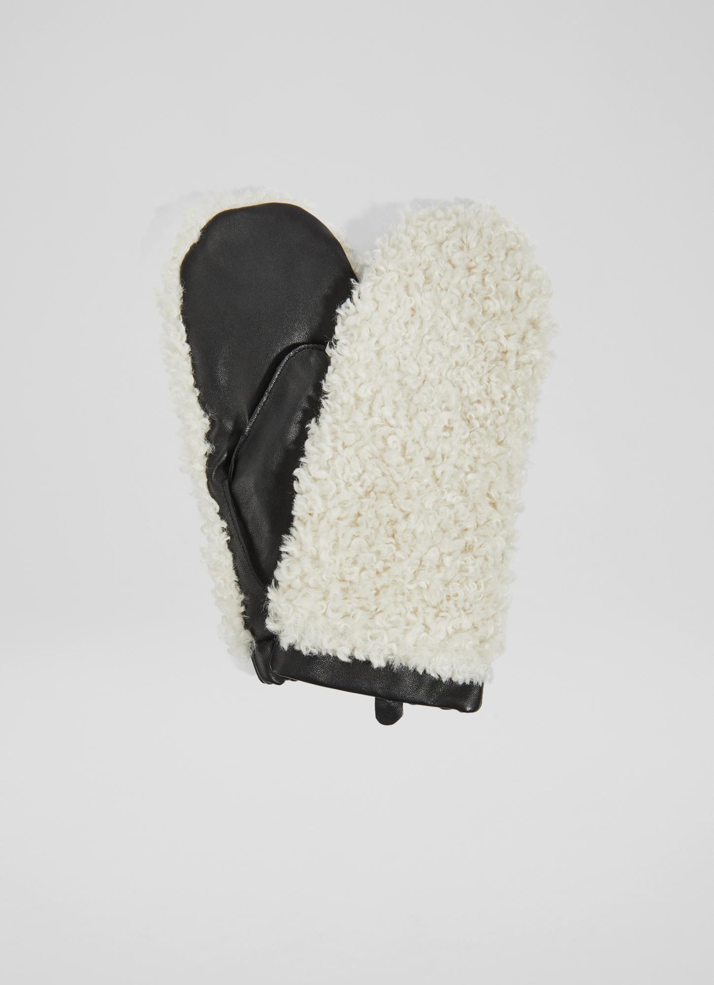 L.K.Bennett Aleah Black Leather and Cream Bouclé Mittens Biscuit, Biscuit