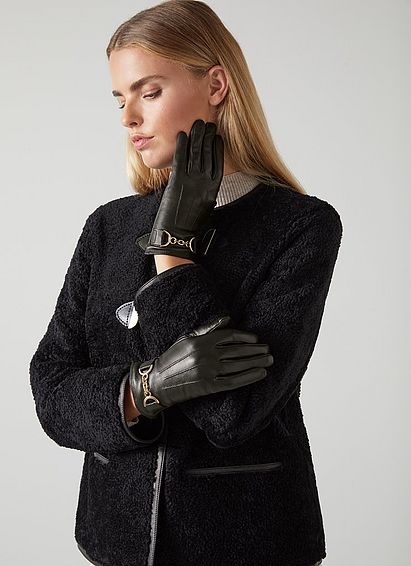 Anaya Black Leather Gold Snaffle Detail Gloves, Black