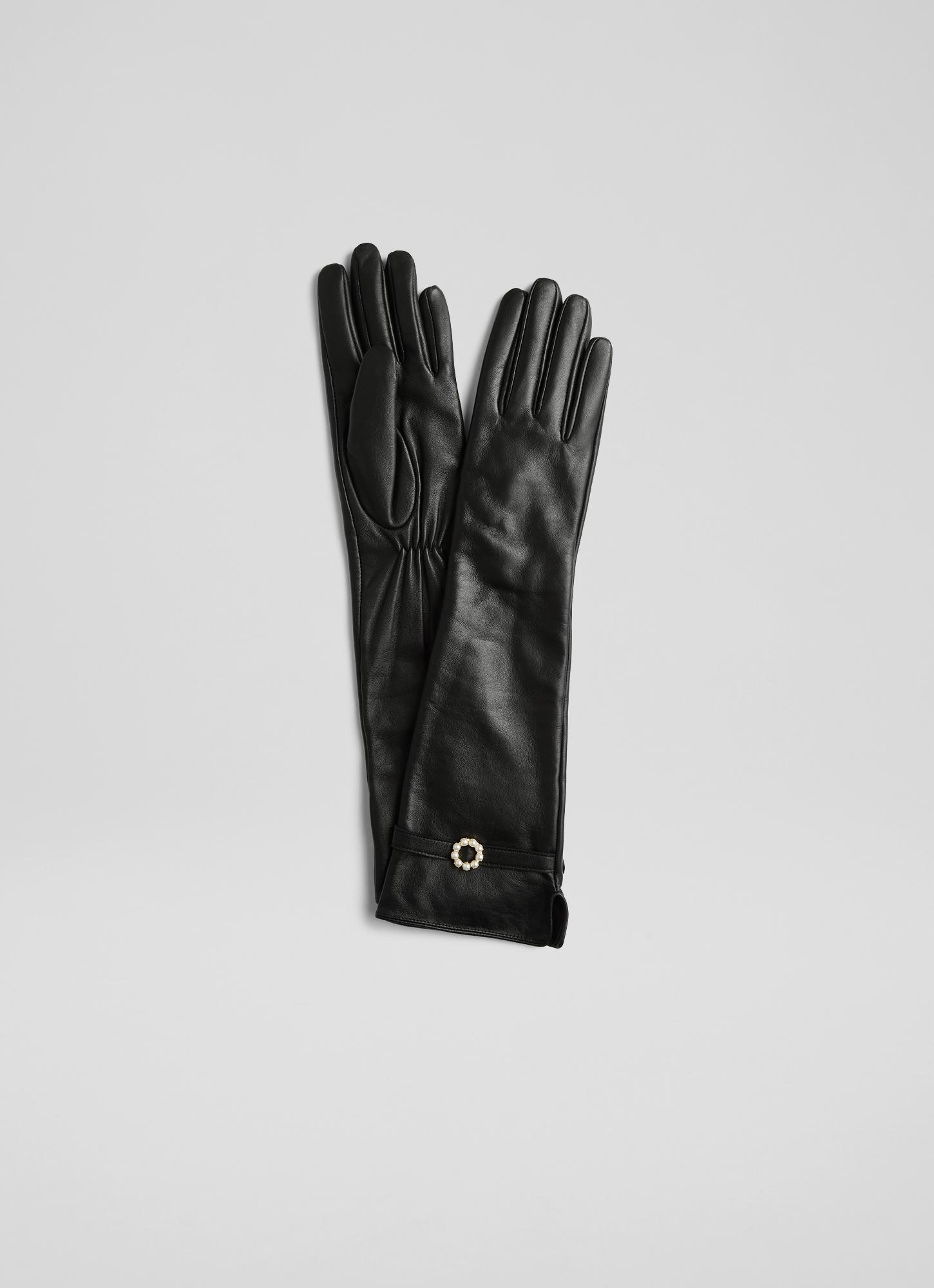 L.K.Bennett Brinley Black Leather Pearl Embellished Long Gloves, Black