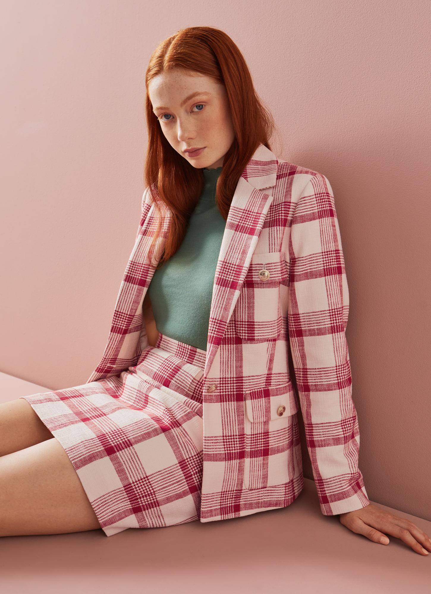 L.K.Bennett Lottie Red and Cream Check Tweed Jacket, Pompeian Red Cream