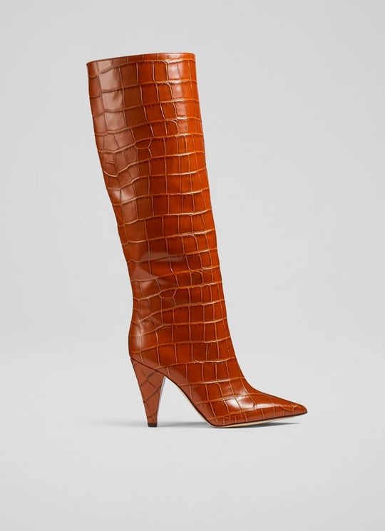 L.K.Bennett Allegra Ginger Croc-Effect Leather Cone Heel Knee High Boots, Ginger