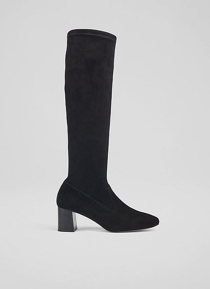 Davina Black Stretch Suede Knee-High Boots, Black