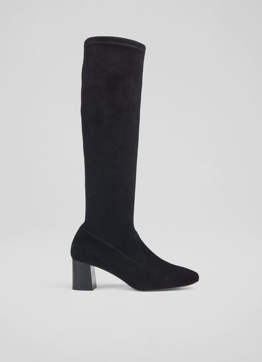 L.K.Bennett Davina Black Stretch Suede Knee-High Boots, Black