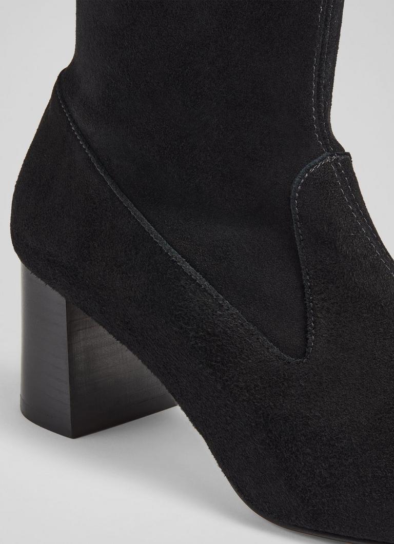 Davina Black Stretch Suede Knee High Boots Shoes Collections