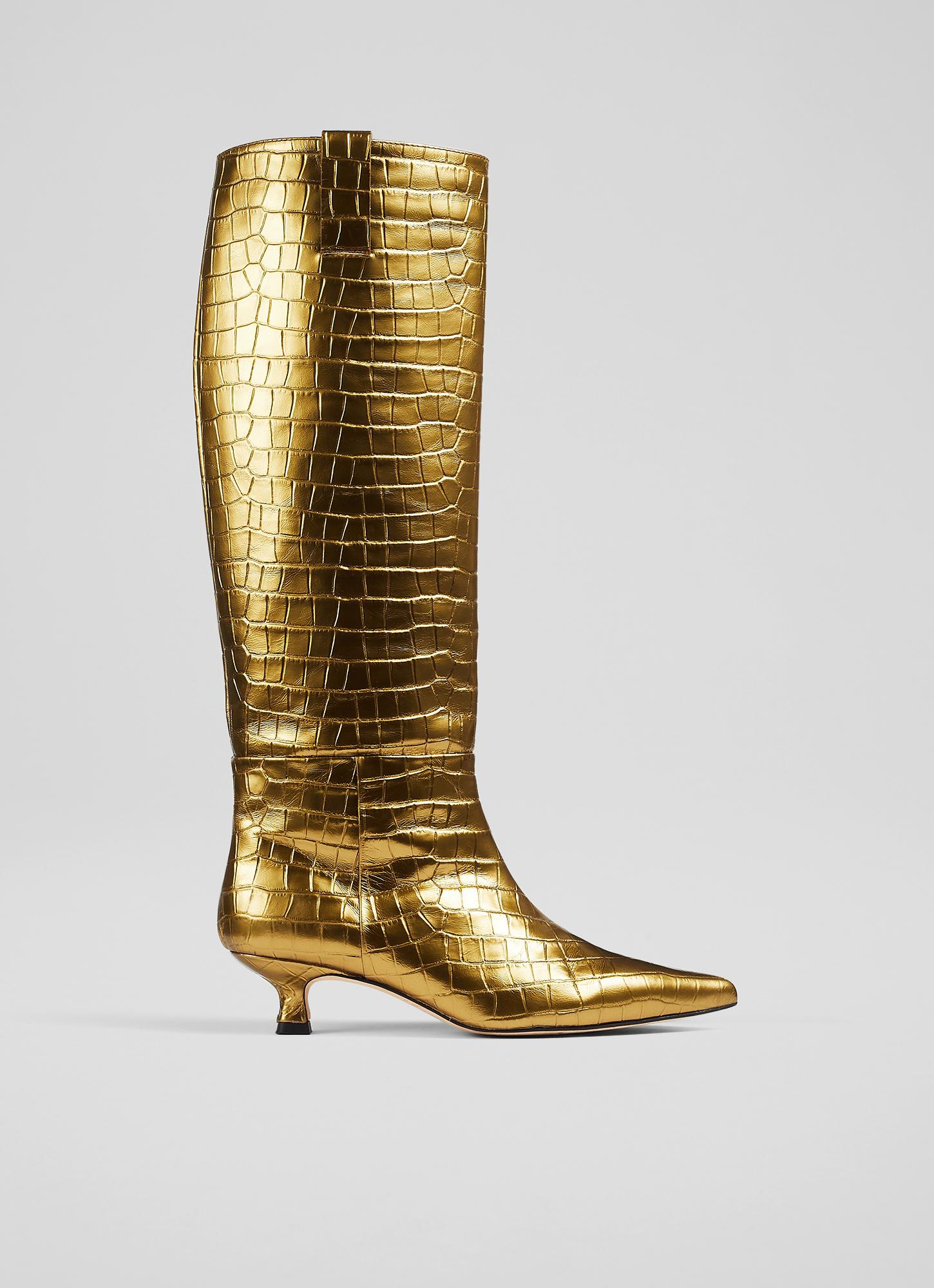 Eden Gold Croc Effect Leather Western Style Knee-High Boots