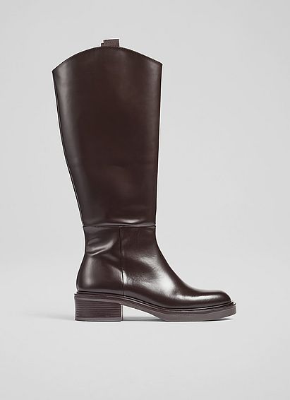 Lauren Brown Polished Leather Flat Riding Boots Chocolate, Chocolate