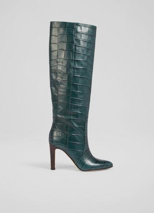 Margret Sea Green Croc-Effect Leather Knee-High Boots