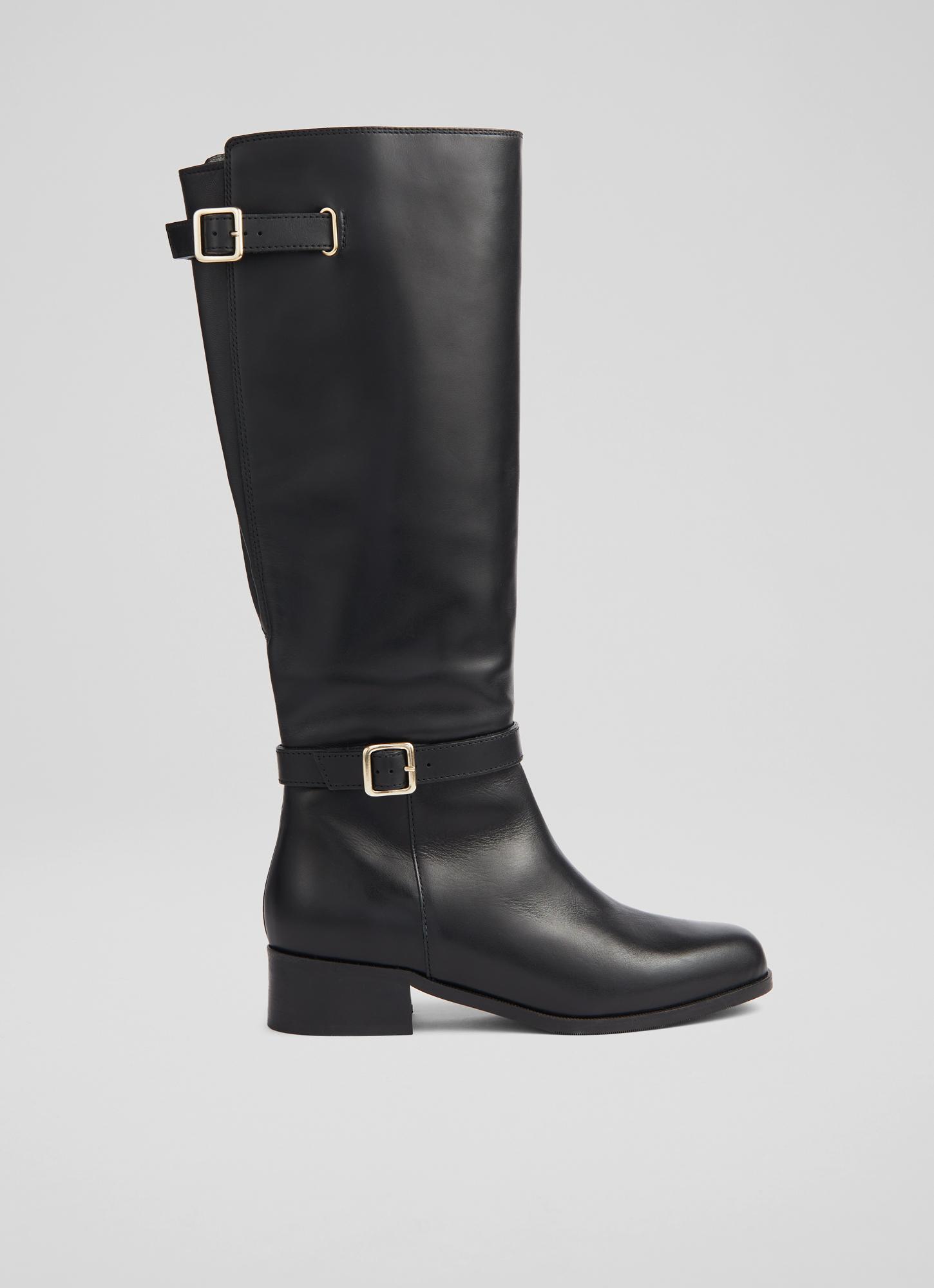Rea Black Leather Adjustable Buckle Flat Knee-High Boots Luxury