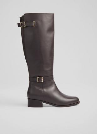 Rea Dark Brown Leather Adjustable Buckle Flat Knee-High Boots