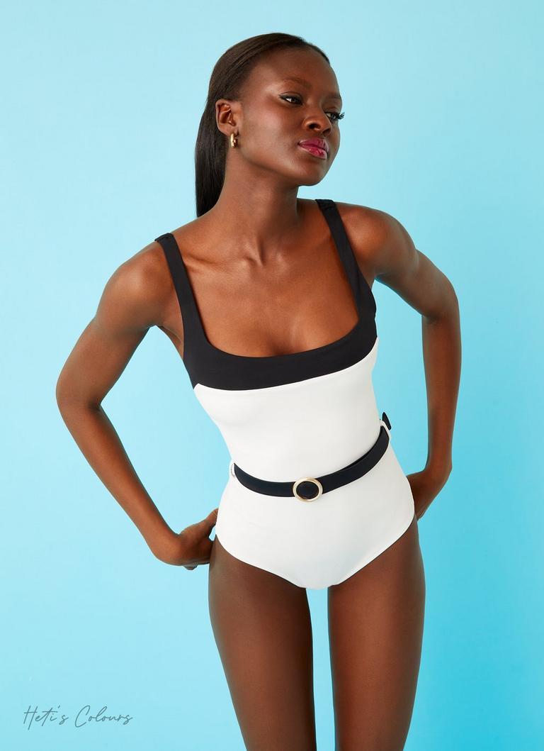 Jackie White and Black Belted Swimsuit, Sale, Collections