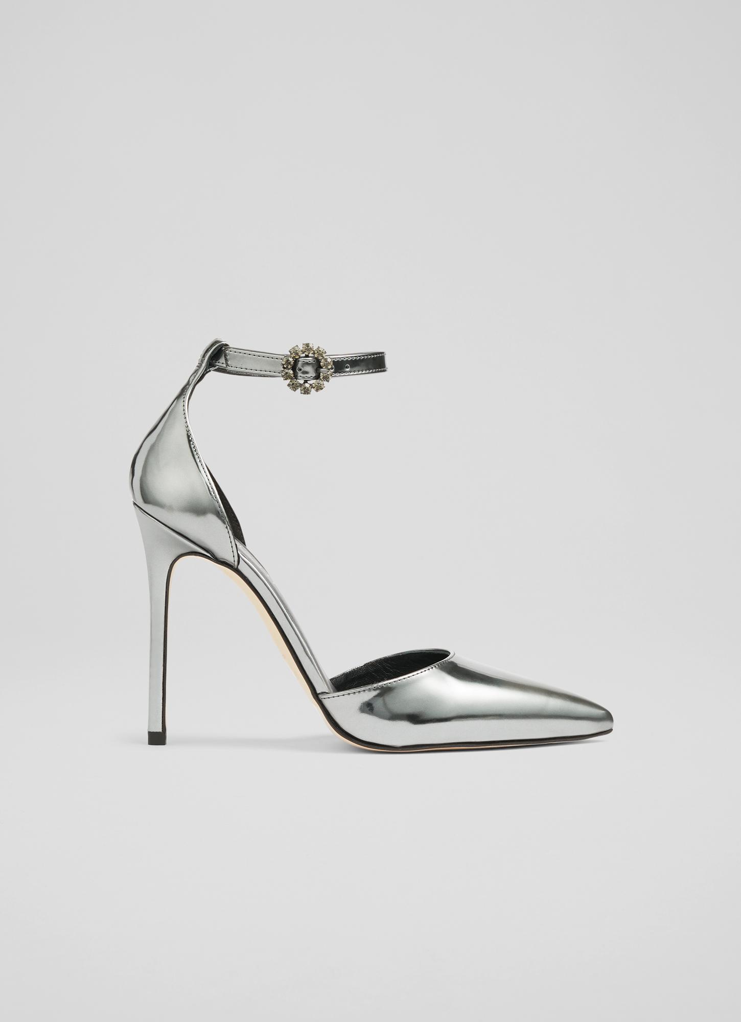 Kiera Gunmetal Mirror Leather Ankle Strap Heels