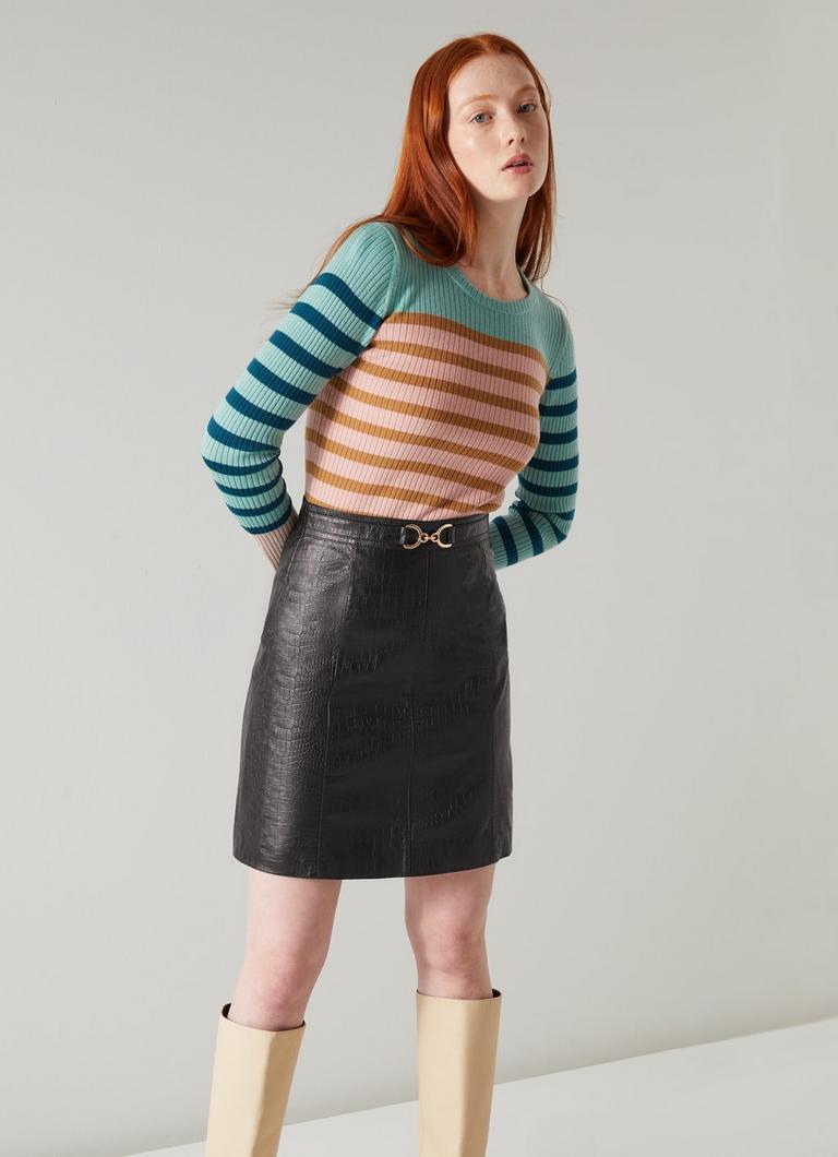 Aubree Black Croc Embossed Leather A Line Skirt Clothing