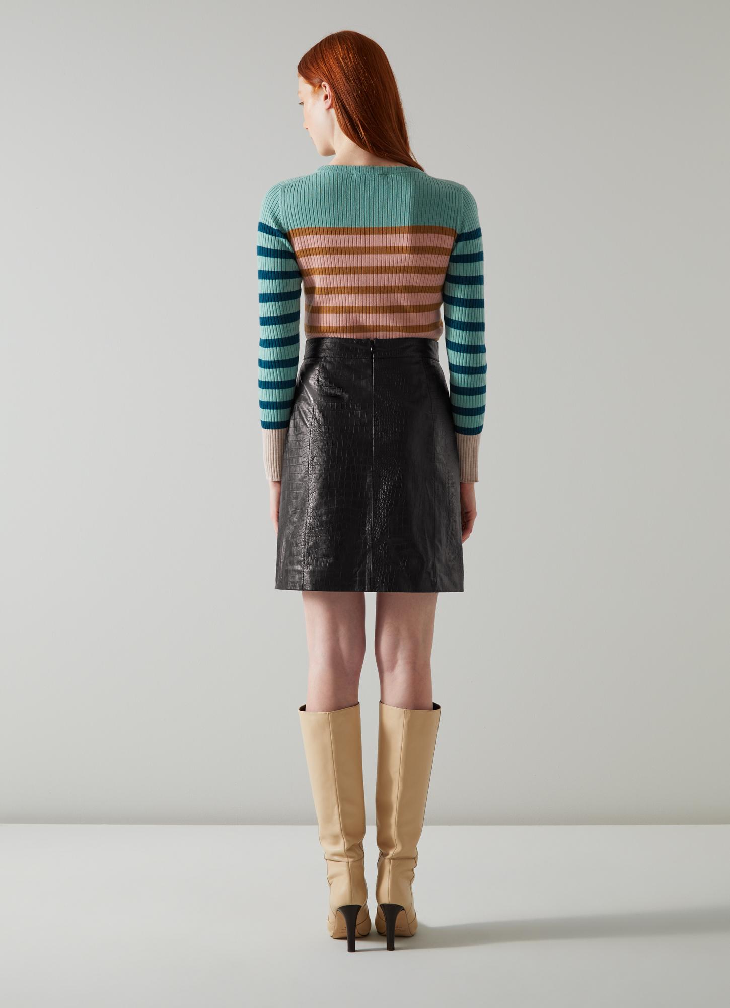 Aubree Black Croc-Embossed Leather A-Line Skirt blackfriday