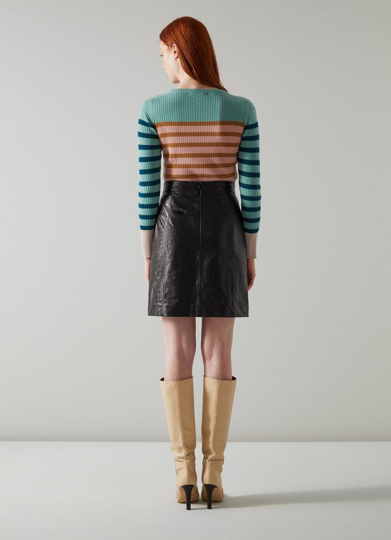 Aubree Black Croc-Embossed Leather A-Line Skirt blackfriday