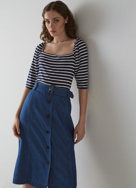 L.K.Bennett Maddie Navy and Cream Stripe  Square Neck Top with LENZING ECOVERO viscose, Spring Navy Cream