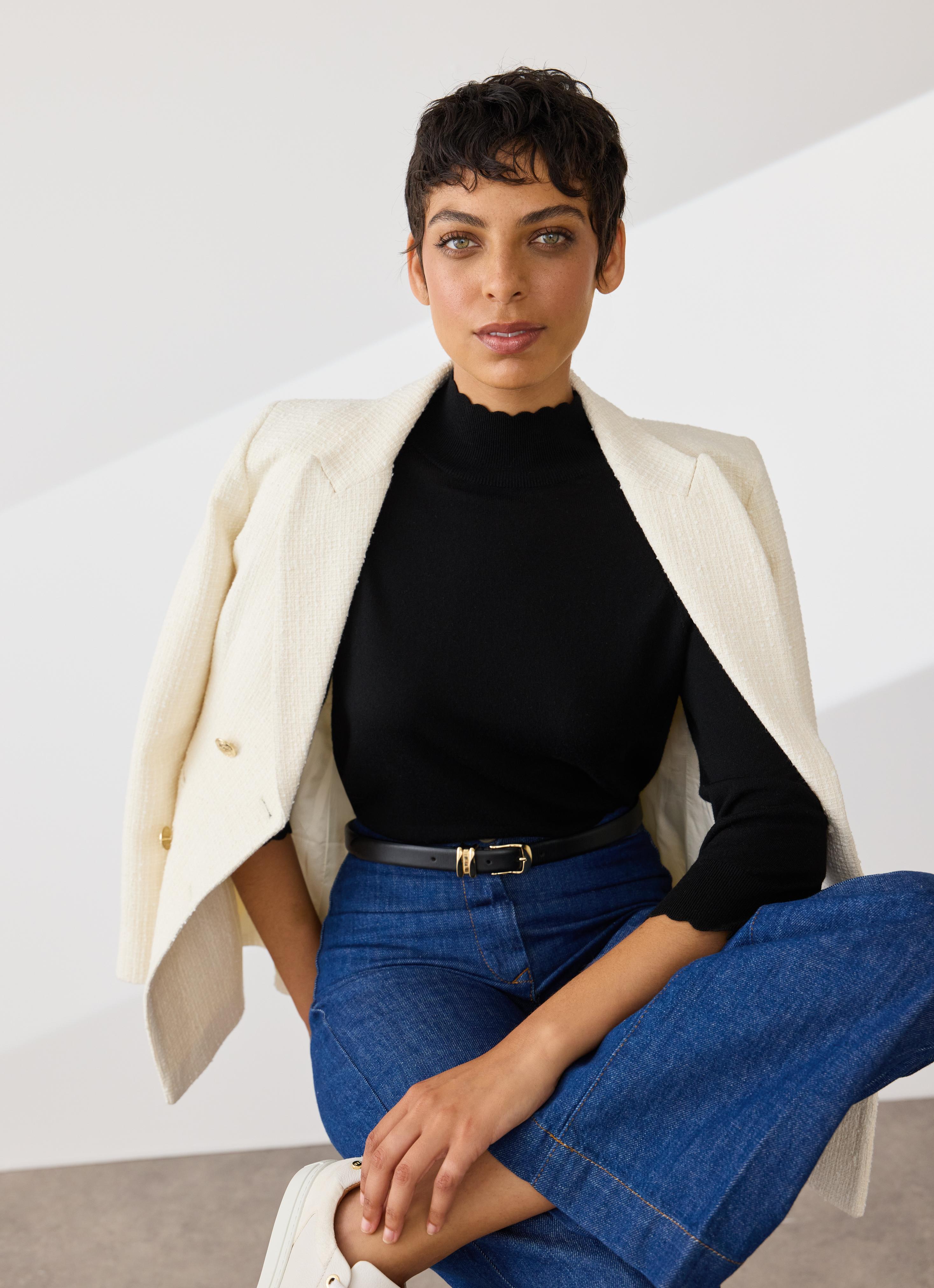 Betty Black Sustainably Sourced Merino Wool Scallop Edge Jumper