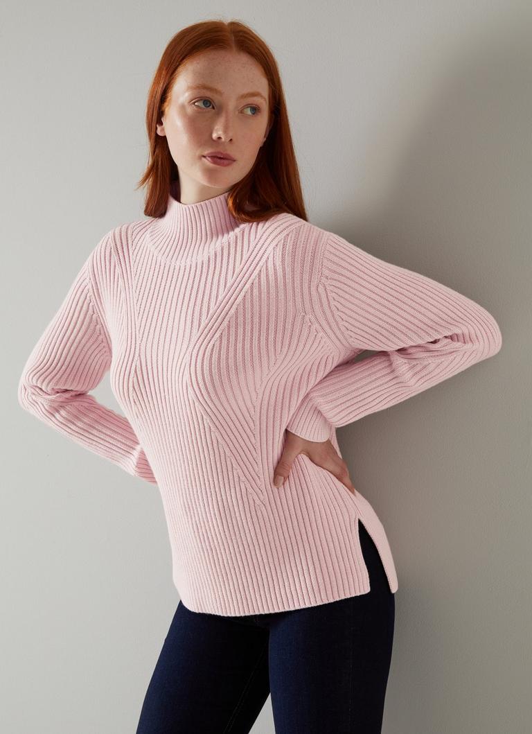 Melody Pink Wool-Cotton Ribbed Turtle Neck Jumper