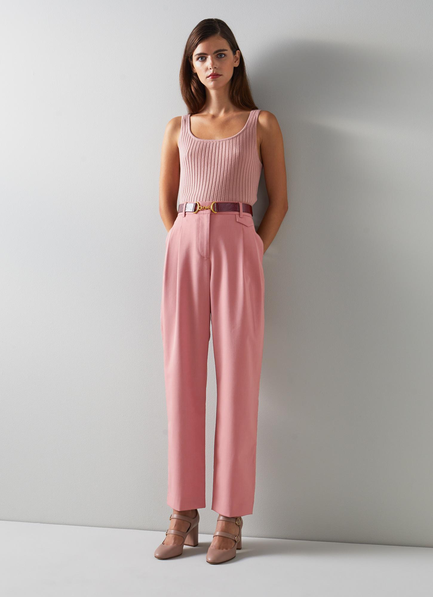 Bacall Pink Wool-Blend Pleat Front Slouchy Trousers 