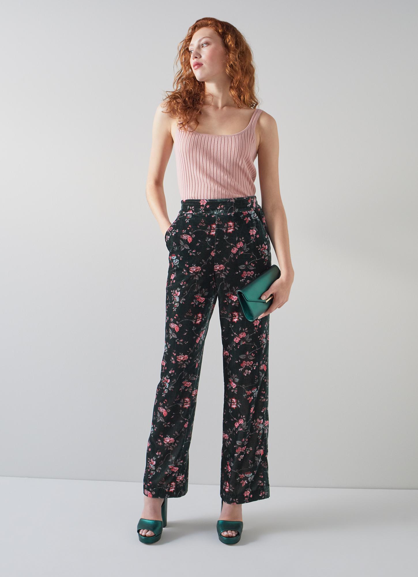 Boyd Dark Green Clematis Print Velvet Trousers | The Archive Sale