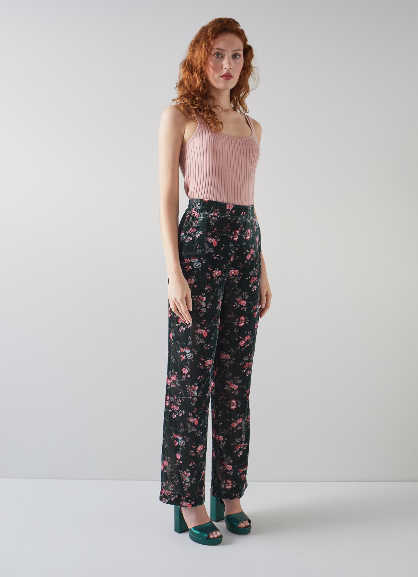 Boyd Dark Green Clematis Print Velvet Trousers | The Archive Sale