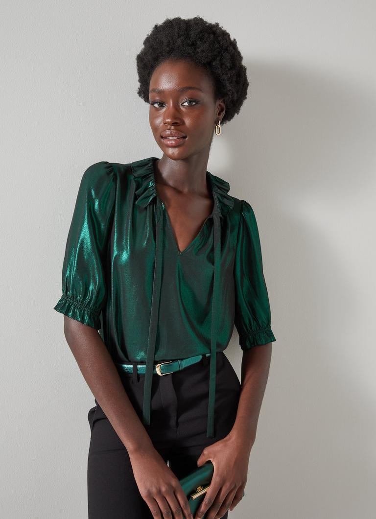 Margot Dark Green Lame Gerogette Frill Collar Blouse blackfriday L.K.Bennett London