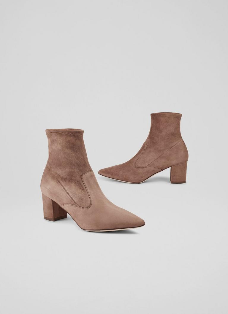 Alina Mocha Stretch Suede Ankle Boots Mid Heel L.K.Bennett London