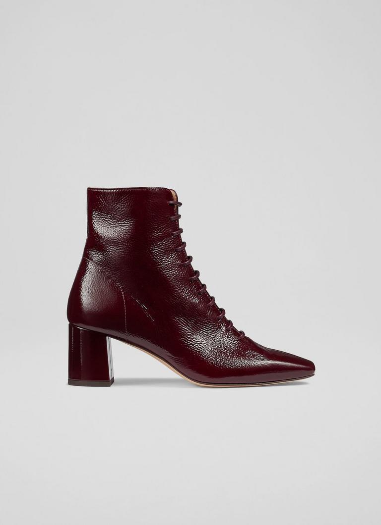 Impact round block heel 2025 ankle boots in burgundy patent
