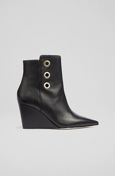 Brie Black Leather Wedge Ankle Boots, Black