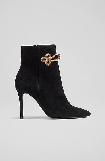 Delphine Black Suede and Gold Brocade Ankle Boots, Black