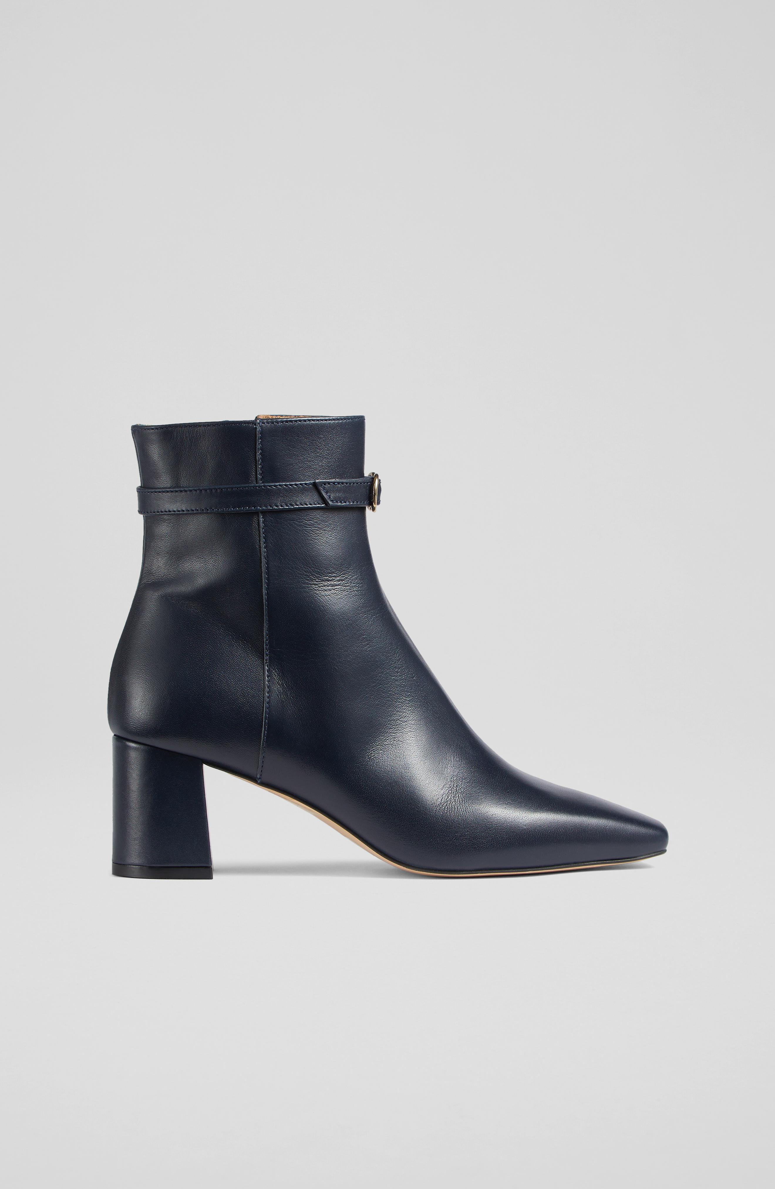 Natalia Navy Leather Ankle Boots Mid Heel London
