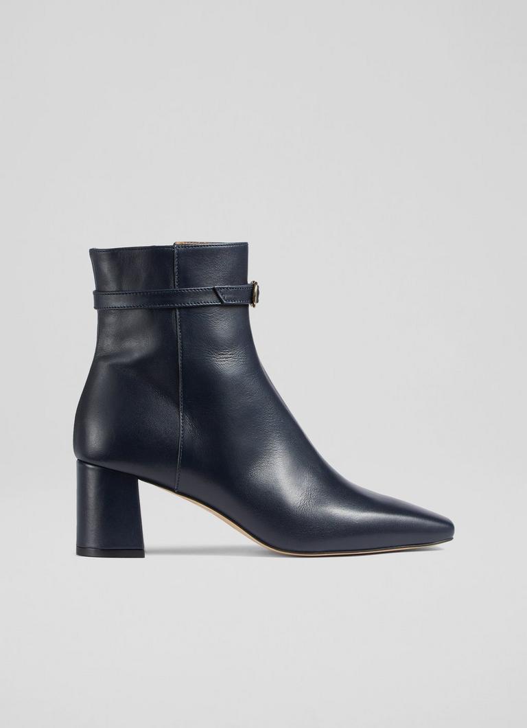 Natalia Navy Leather Ankle Boots Mid Heel London