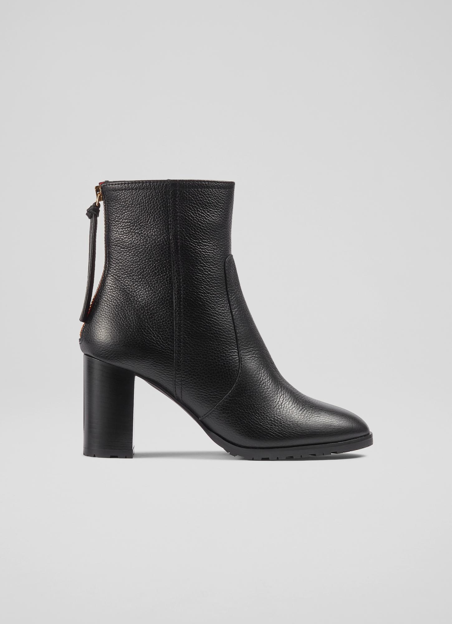 Nora Black Grainy Leather Ankle Boots, Black