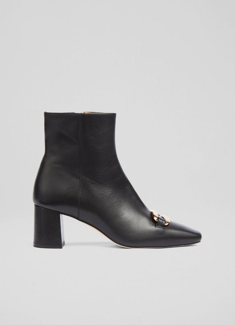Novella Black Leather Gold Bar Ankle Boots Mid Heel L.K.Bennett London