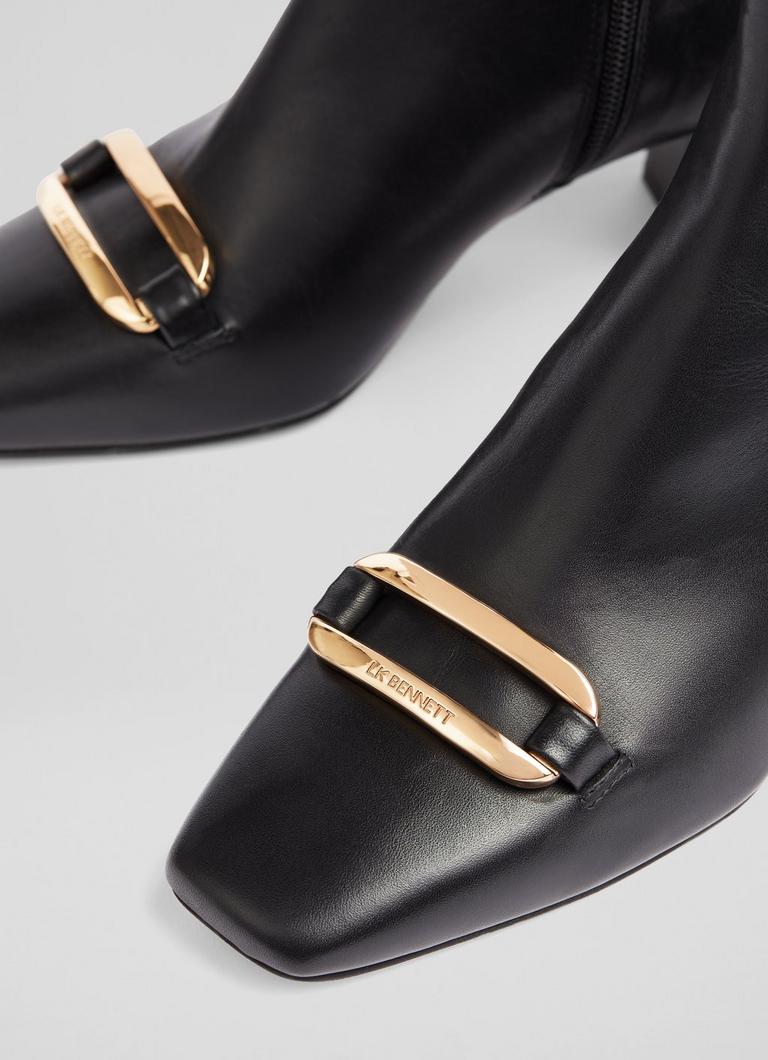 Novella Black Leather Gold Bar Ankle Boots Mid Heel L.K.Bennett London
