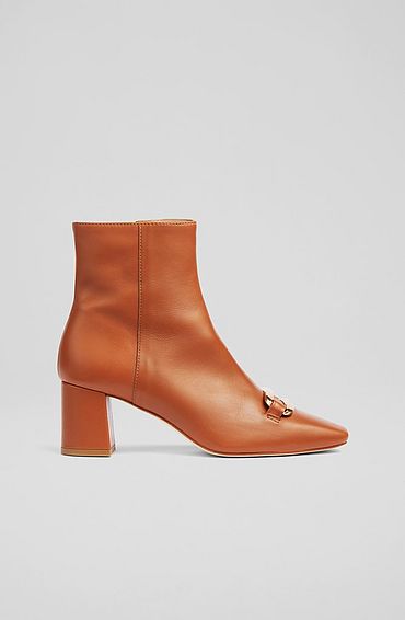 Novella Tan Leather Gold Bar Ankle Boots, Tan