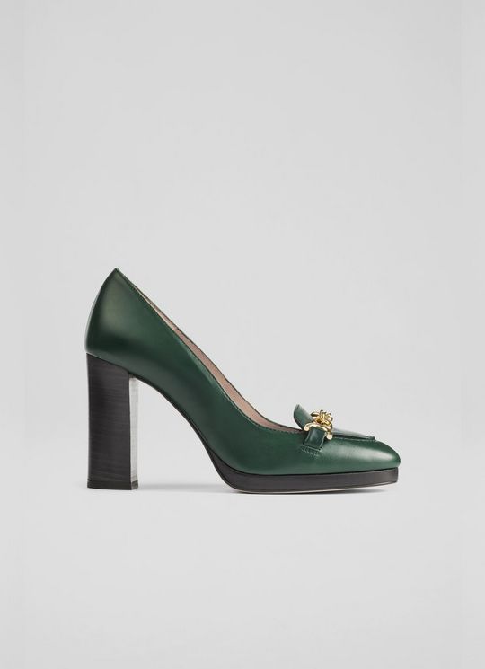 L.K.Bennett Attley Green Leather Platform Loafers, Dark Green