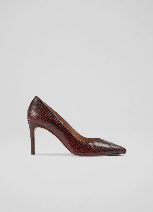 L.K.Bennett Floret Red Snake-Effect Leather Pointed Toe Courts, Dark Red